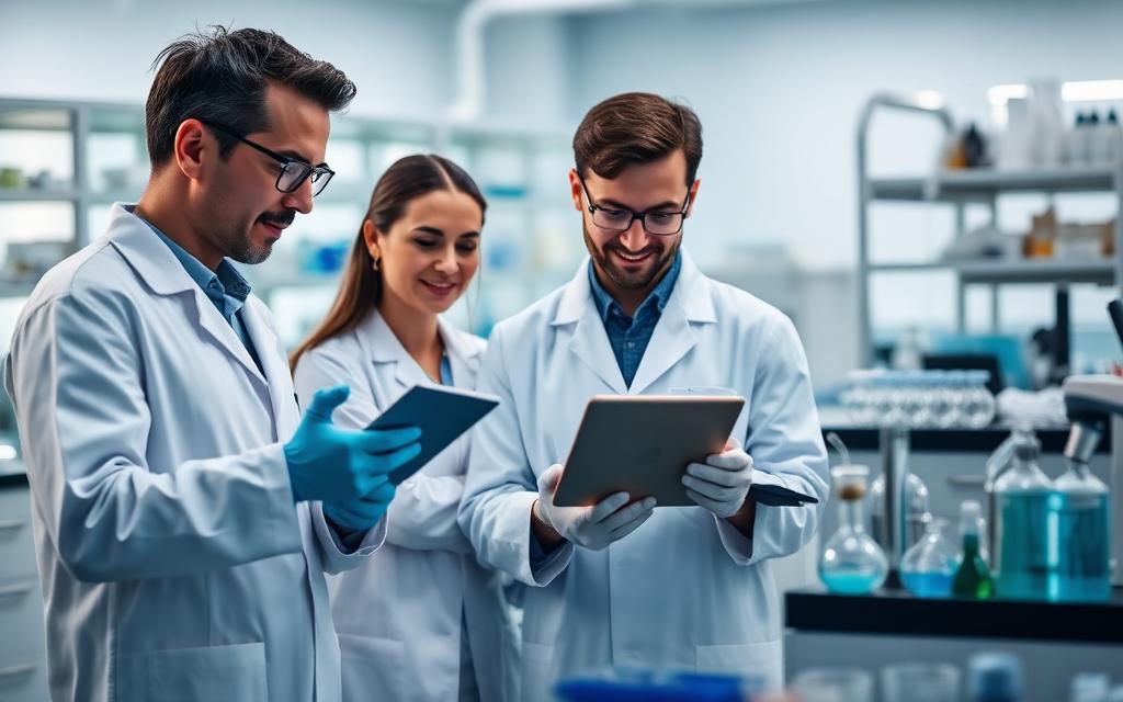 Clinical research scientists analyzing data on a tablet in a modern lab