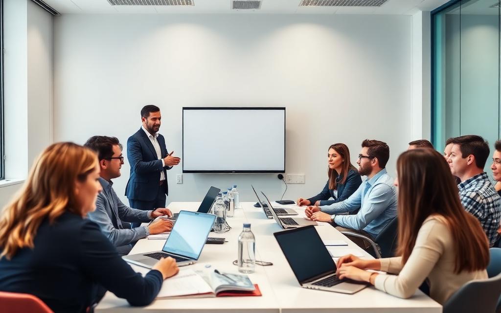 Instructor leading a corporate training session with engaged professionals